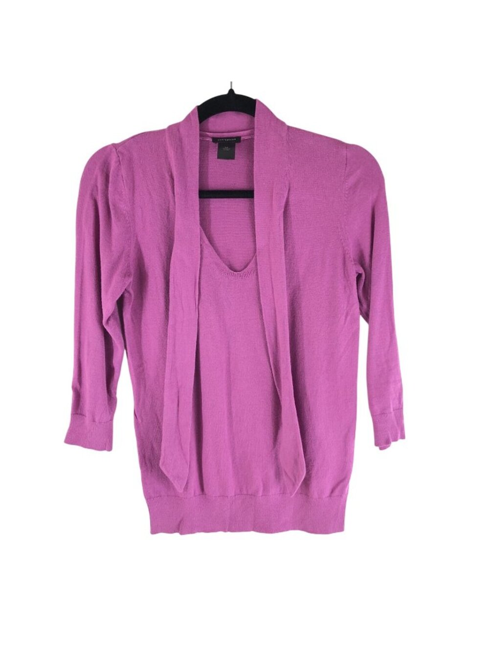 Ann Taylor Sweater Tie Collar 3/4 Sleeve Gathered Hem Cotton Blend Purple XS